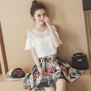 夏天衣服女装荷叶袖露肩连衣裙短裙女士裙子套装裙夏季a型两件套