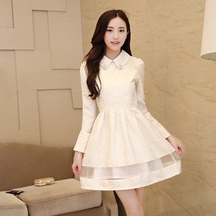 秋季新款韩版欧根纱拼接娃娃领修身公主气质长袖裙蓬蓬连衣裙女装