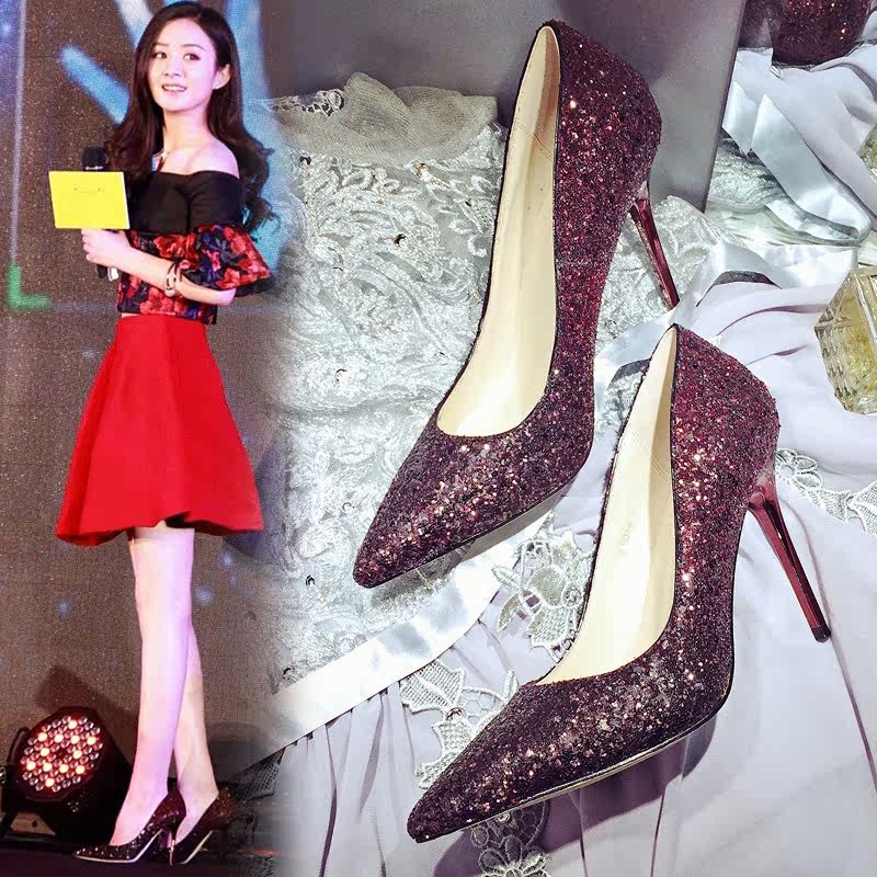 来自星星的你千颂伊同款鞋尖头细跟浅口银色亮片单鞋婚超高跟女鞋