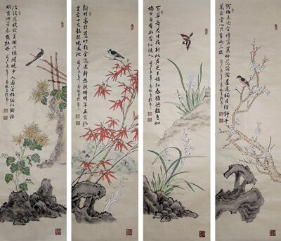 【画艺佳.字画】c19865李春暖花鸟国画四条屏.梅兰竹菊(三尺条屏)