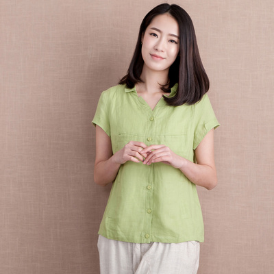 2015夏装新款斯琴风格无色无味棉麻女装大码宽松短袖衬衫苎麻衬衣