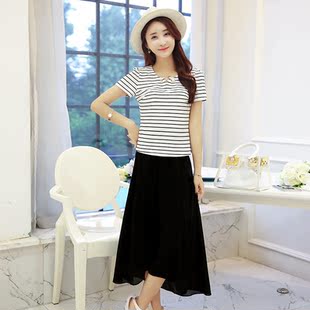 铭扬菲尔时尚阔腿裙裤套装女2016夏季新款条纹t恤两件套七分裙裤