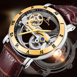 ik简约二针夜光全自动机械手表男士双透镂空陀飞轮机械表送表带