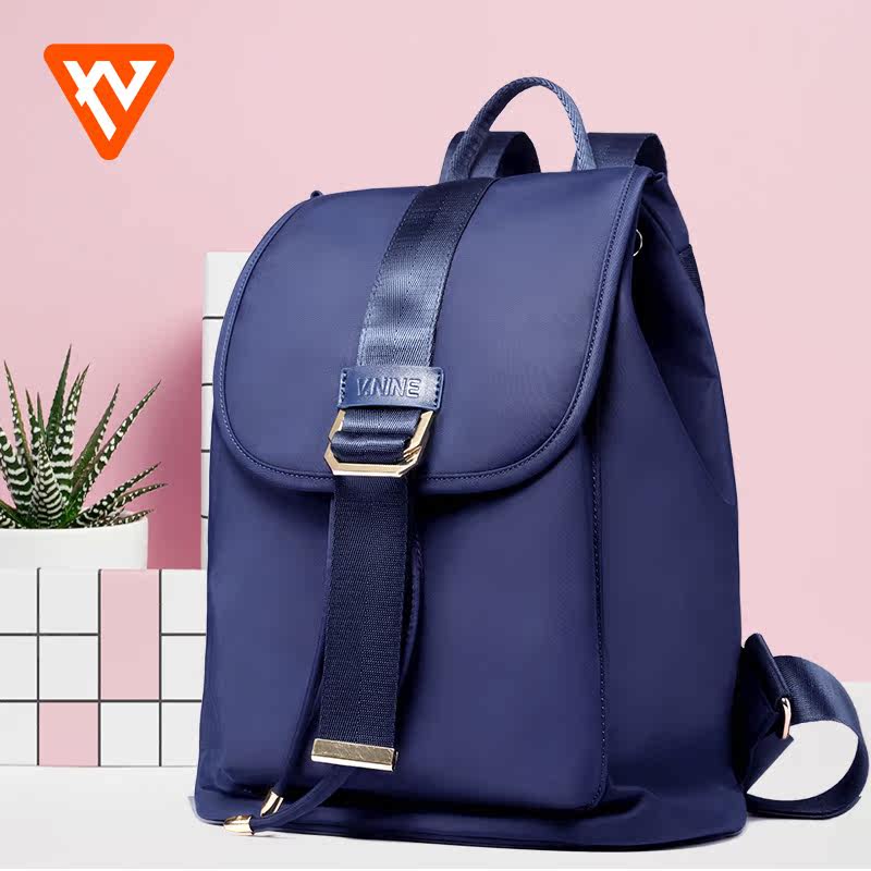 第九城v双肩包女新款背包中学生书包黑色软把锦纶纯色箱形青年