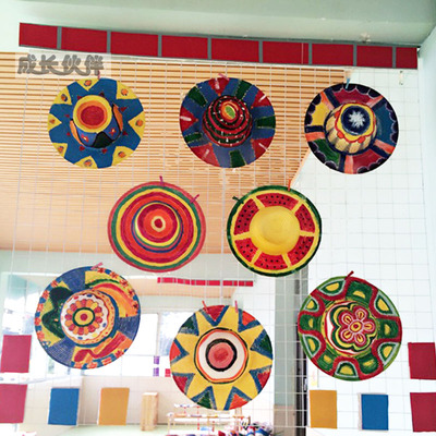 幼儿园手工课程美术白胚材料草帽创意装饰布置 儿童主题墙面挂饰