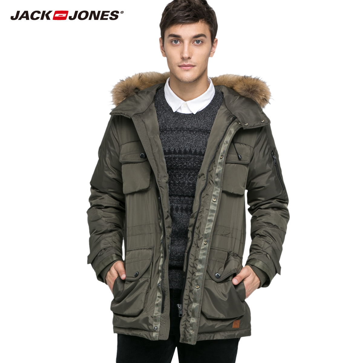 jackjones傑克瓊斯男保暖貉子毛領中長羽絨服男c|215412020