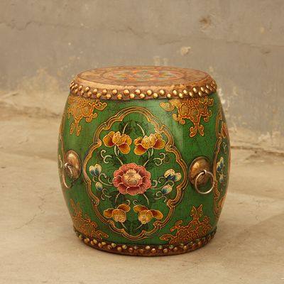 新中式实木坐凳 复古大宅门家具座椅牛皮面彩绘手绘做旧鼓凳鼓墩