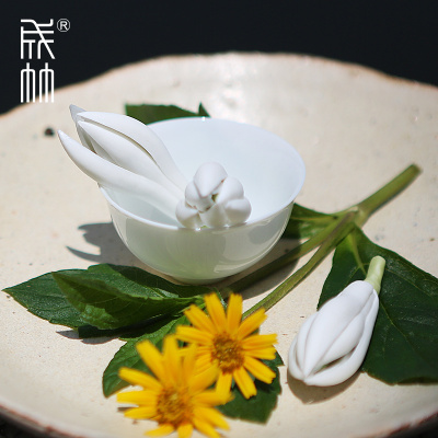成竹原创 禅意香插茶宠 手捏陶瓷花 白玉兰花 茶宠摆件精品 可养