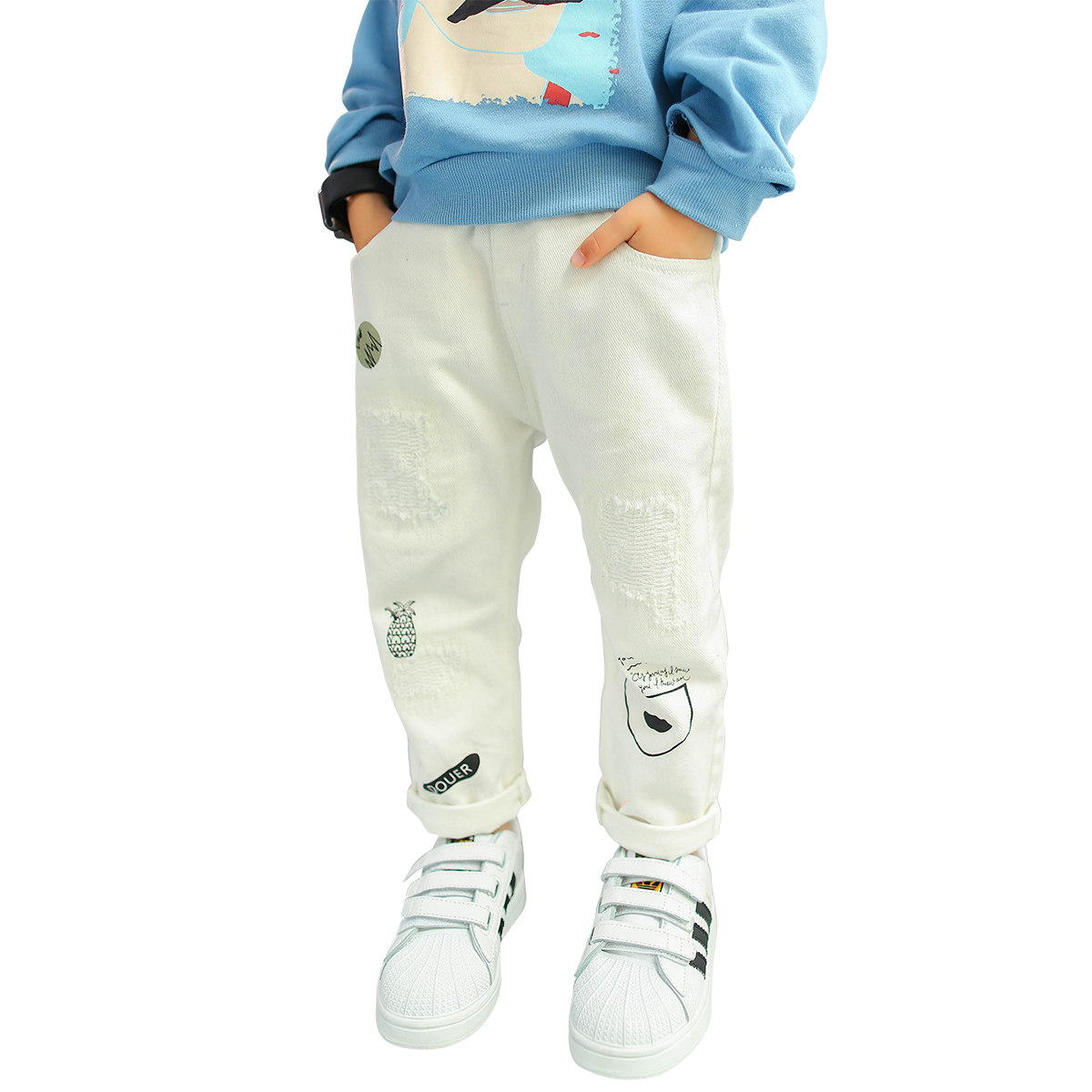 2017童装新款男童白色裤子休闲长裤韩版潮春装宽松儿童牛仔裤百搭