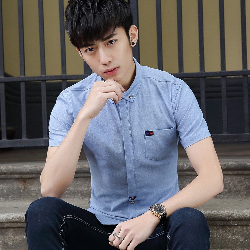 青年短袖衬衫男夏季男款 男士时尚纯色衬衣青少年修身休闲寸衫