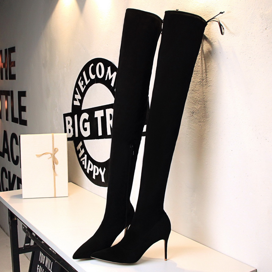 2016秋冬季韩版弹力长筒女靴子高跟绒面夜店性感细跟显瘦过膝长靴