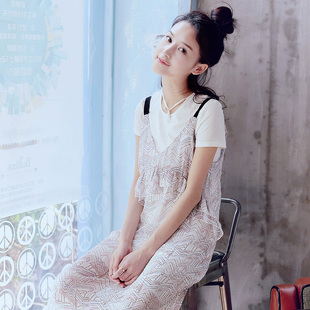 安都吊带连衣裙女2016夏季韩版新款宽松雪纺压褶中长裙百褶裙