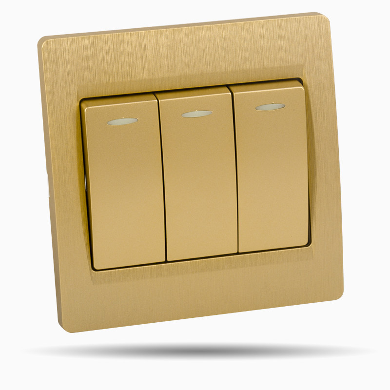 龙胜开关插座 86型三位三开双控开关墙壁开关面板玫瑰金大板正品