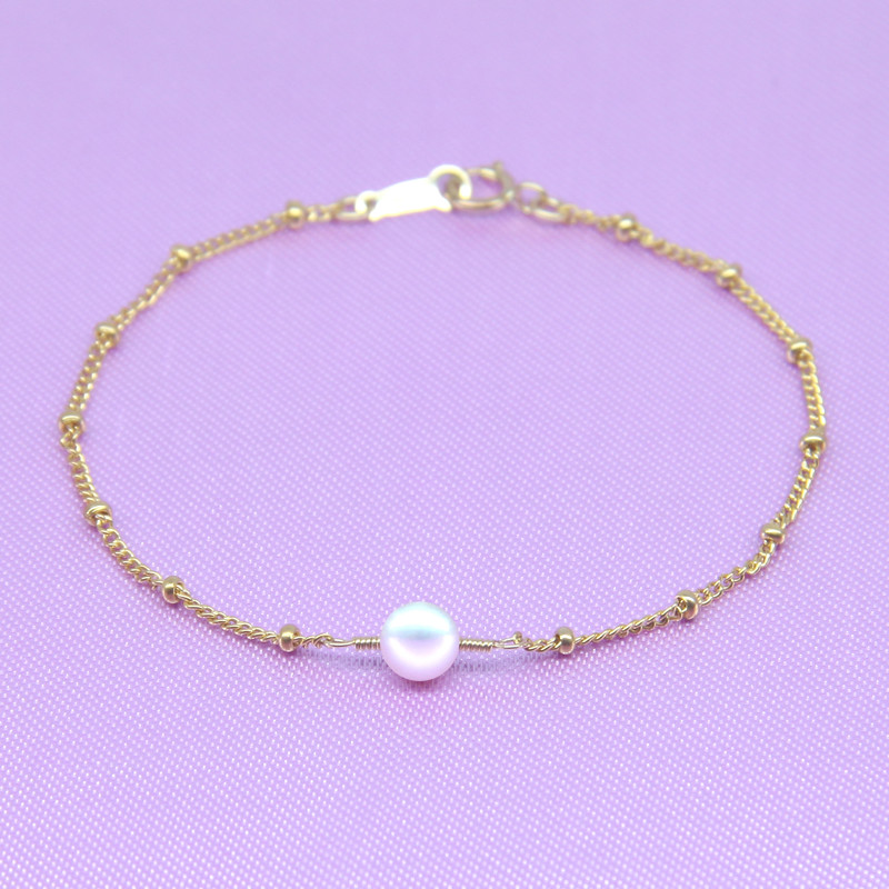 天然淡水珍珠四叶草水晶锆石吊坠细手链女正圆甜美小清新14k包金