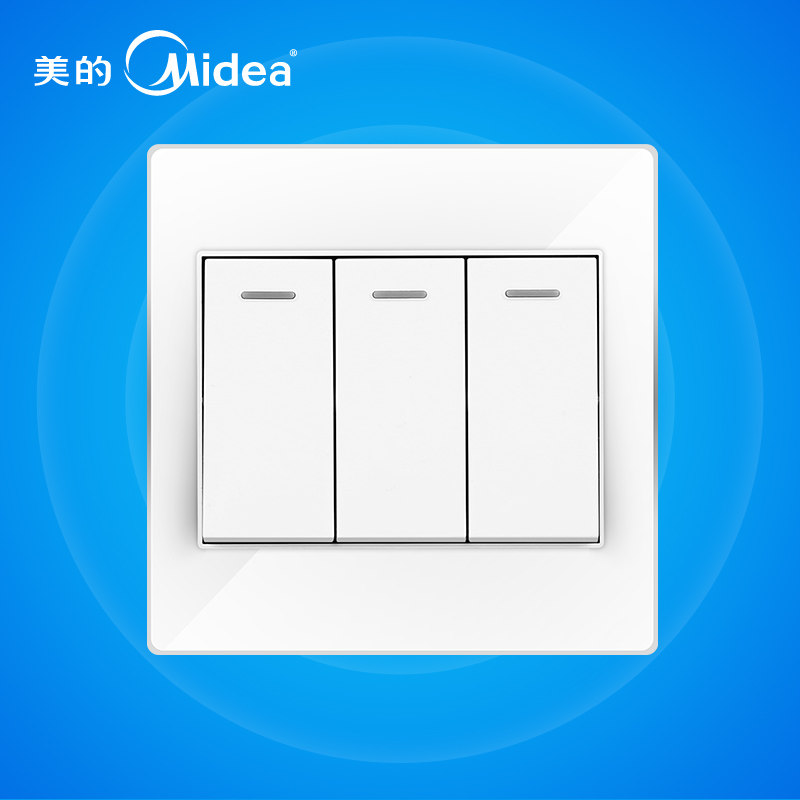 美的三开单控开关插座面板86型家用墙壁暗装三联三位电灯按钮白色