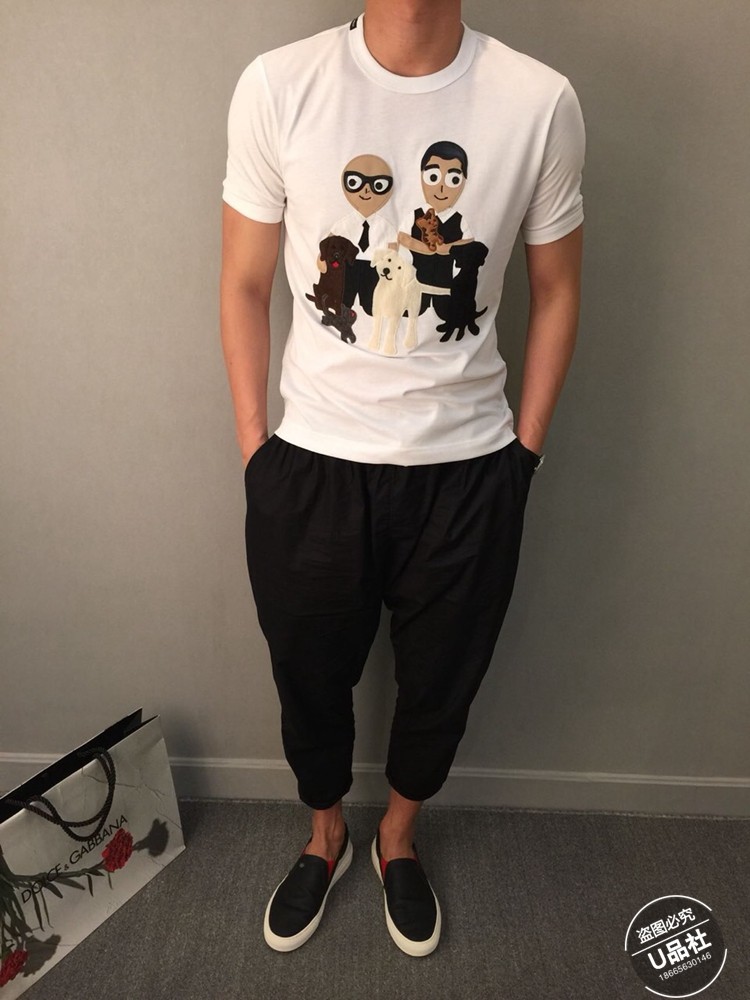 潮牌dg黑手党卡通父子黑手党大叔公仔小狗头圆领纯棉短袖t恤男