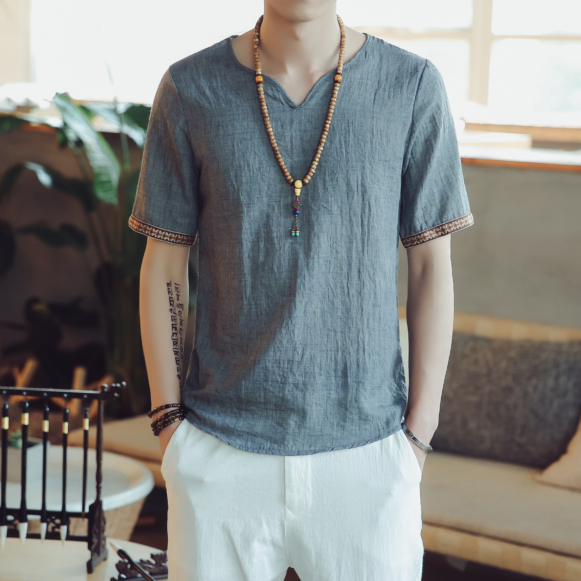 夏季中国风男装v领亚麻短袖t恤男加肥加大码薄款宽松棉麻上衣体恤