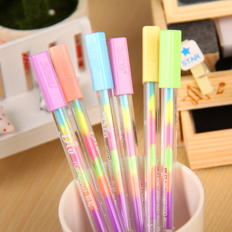 彩虹笔中性笔水粉笔 六合一炫彩色荧光笔 文具清新可爱学生奖品笔