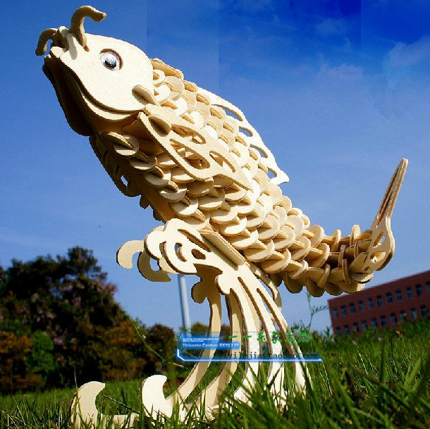 儿童益智木制手工diy拼装玩具 木质仿真鲤鱼成人3d立体拼图模型