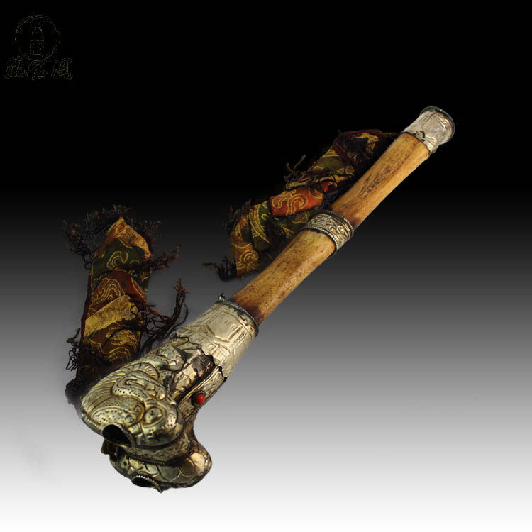 西藏密宗法器手工牦牛骨包藏银胫骨号小号罡洞森东刚当喇叭骨笛