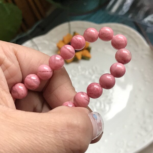 咩の手作 天然蔷薇辉玉化樱花粉圆珠手串手链小颗粒单圈