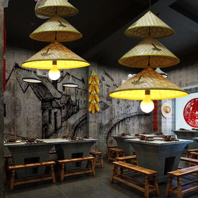 仿古装饰灯竹艺吊灯竹编草帽斗笠帽斗笠灯餐厅包间包房农家乐灯罩