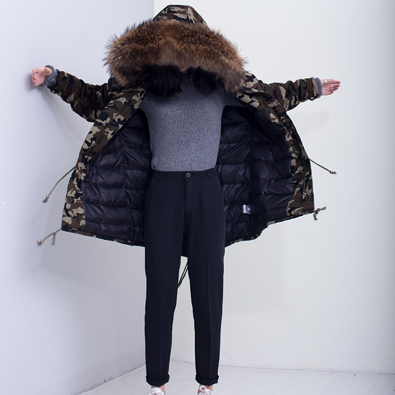 lazytime2017冬装新款女装貉子毛加厚百搭迷彩羽绒服女中长款外套