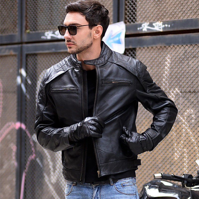percool 新款复古机车皮衣男真皮哈雷做旧机车服修身立领牛皮夹克