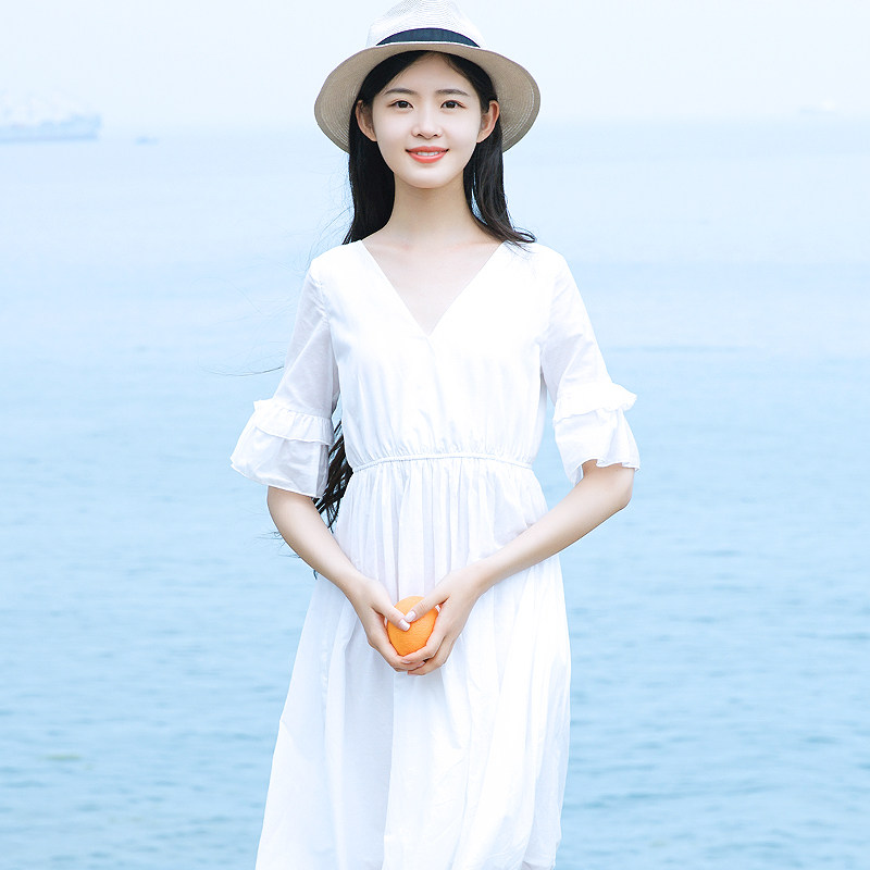尺渡 连衣裙女夏2017新款学生小清新 v领中长款收腰白色仙女裙子