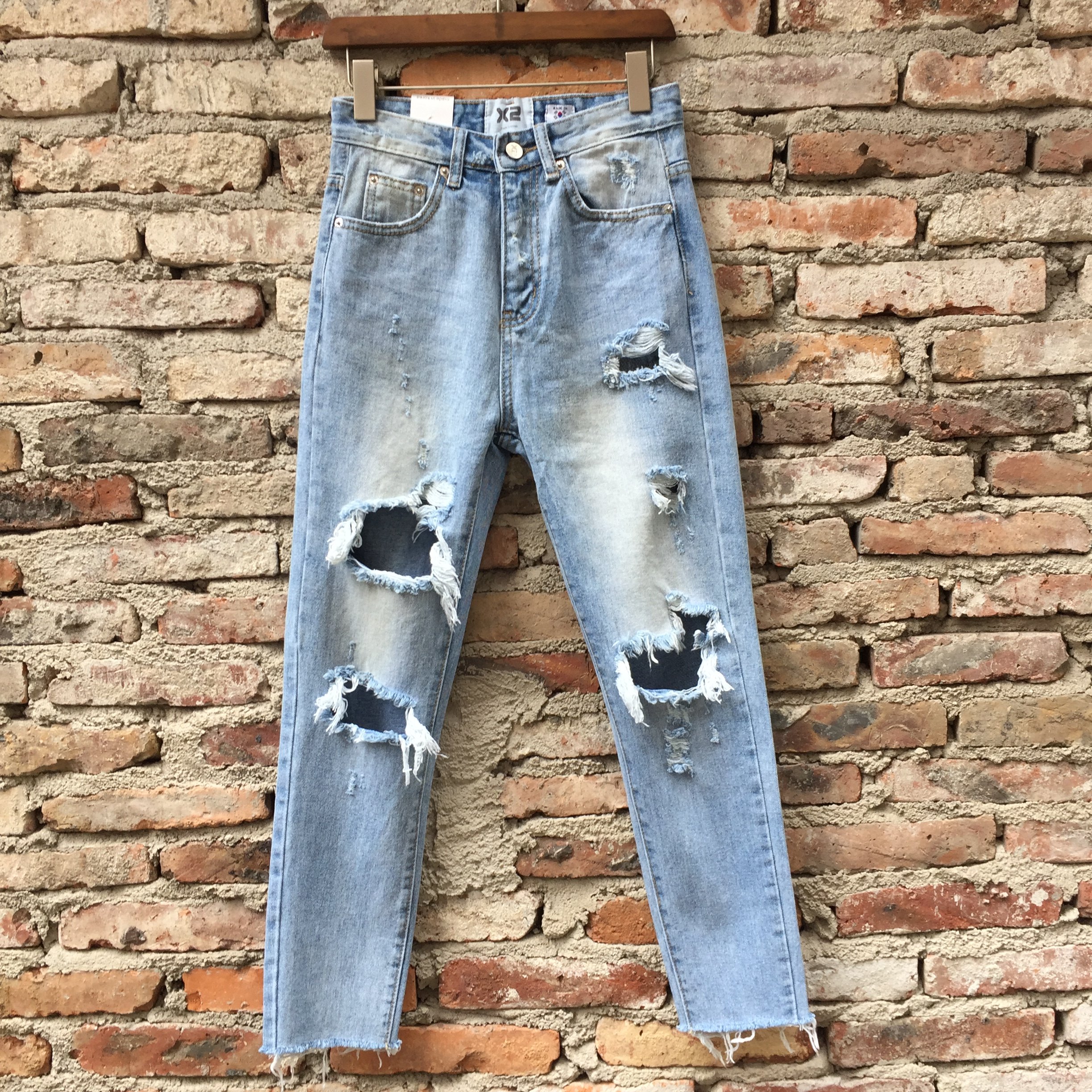 萍萍韩国出口单 2017春款x2高腰宽松显瘦破洞直筒牛仔裤 乞丐裤女