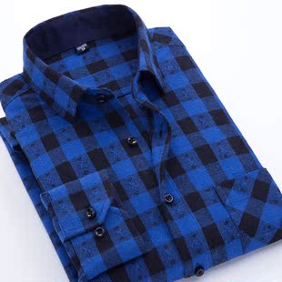 意宾格子衬衫男长袖男士衬衣春季休闲青年磨毛修身男装学 生寸 衫