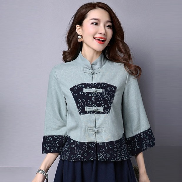 春秋季民族风女装中式改良唐装上衣对襟盘扣七分袖短款棉麻小外套