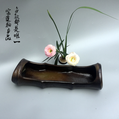 日本禪意花器 陶瓷花盤 仿竹子竹節插花養殖 中式復古擺件 花盆