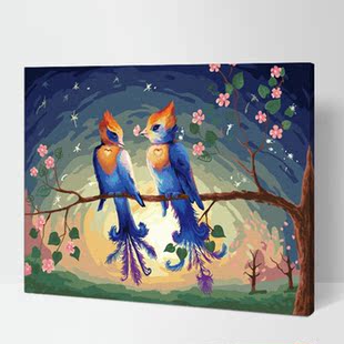 油画diy客厅风景数码彩绘手绘动物大幅人物装饰画爱情相思鸟 数字油画