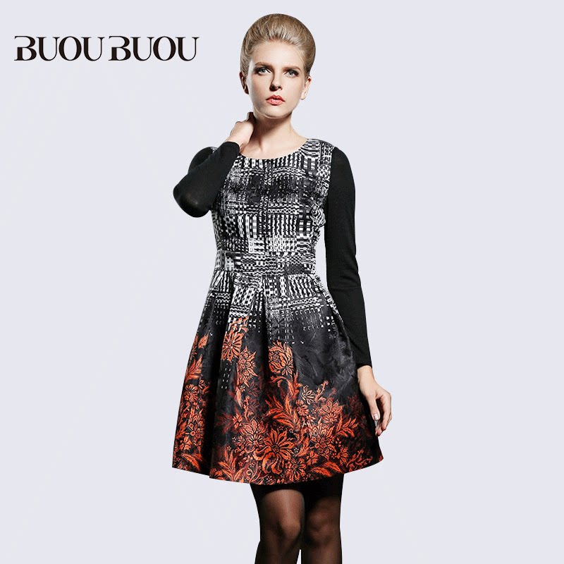 buou buou邦宝女装冬季新款圆领铆钉绣花a字裙连衣裙bb4g069