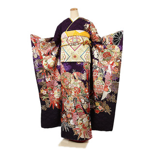 日本代购 高端女士和服 京友禅正绢高级振袖黑底金色刺绣正装