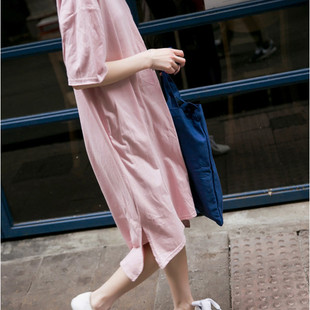 超宽松中长款前短后长开衩纯色短袖懒人简约时尚大t恤套头连衣裙