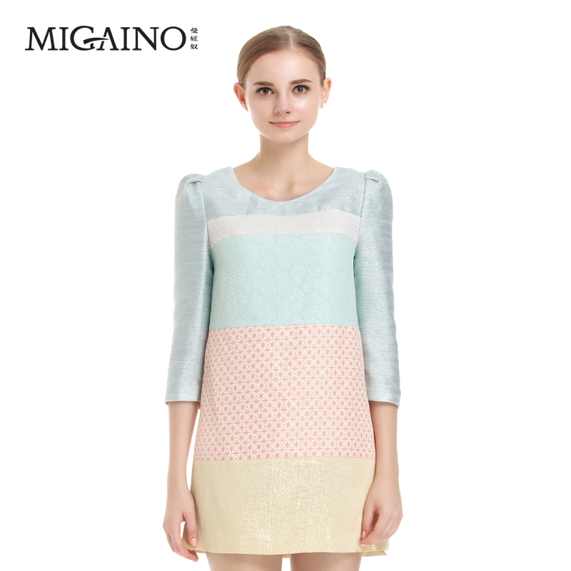 migaino/曼婭奴旗艦店春裝時尚女裝圓領修身七分袖連衣裙女