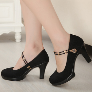一字扣绑带老北京布鞋女工作鞋 2016时尚高跟鞋 黑色职业搭扣单鞋