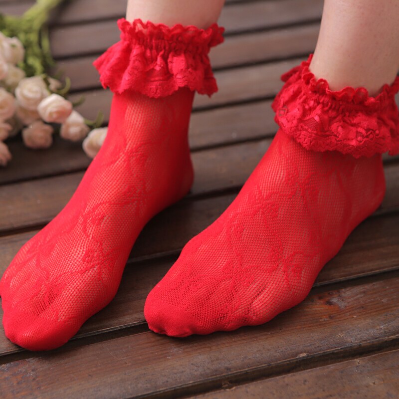 大红色花边袜红色蕾丝短袜公主森系大花边本命年新娘袜演出袜女