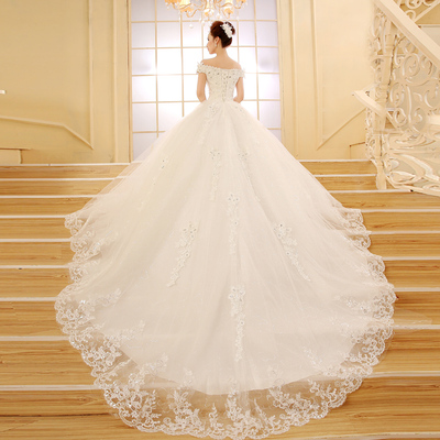 拖尾婚纱礼服新款2015夏季一字肩显瘦新娘大码长拖尾婚纱拖地齐地