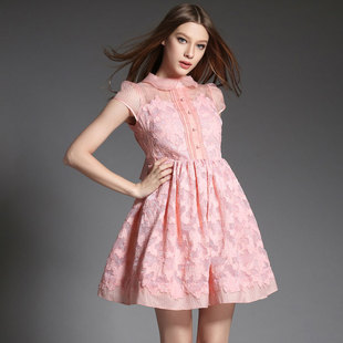 欧洲站2015春款女装蕾丝欧根纱拼接娃娃领真丝连衣裙女大摆伞裙