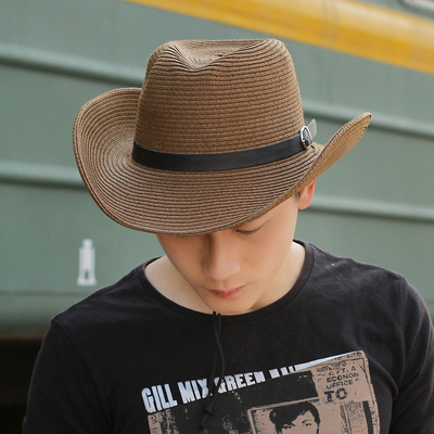 男士草帽 夏天可折叠海边沙滩草帽男户外牛仔帽大沿防晒遮阳帽子