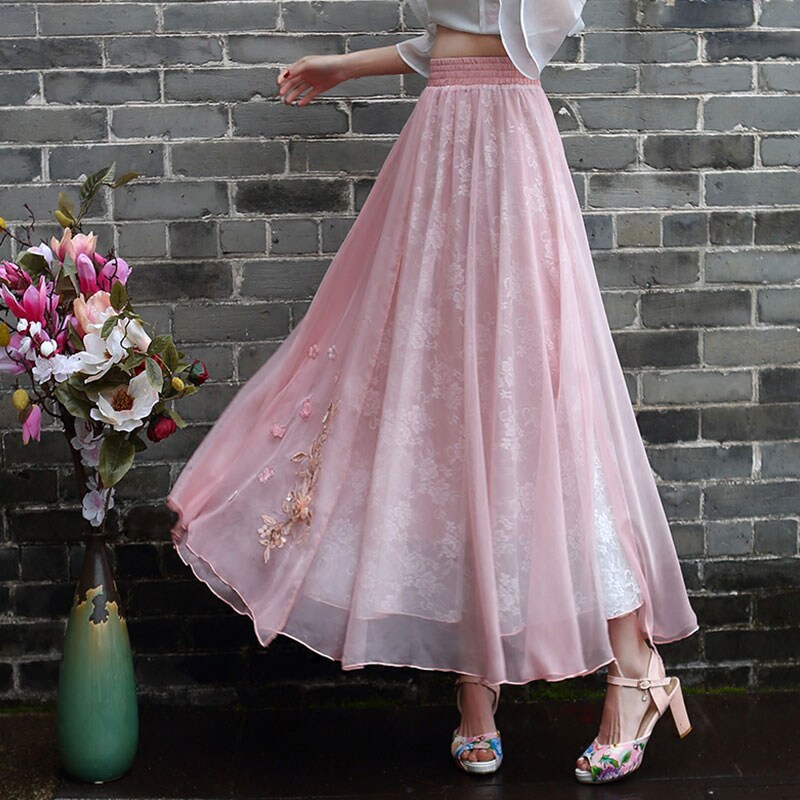 两人故事文艺复古女装纱网绣花中国风半身裙夏季新中长款半截裙子