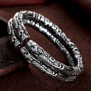 特价包邮老九门同款手镯925银复古会响佛爷龙头双环镯子双响手环