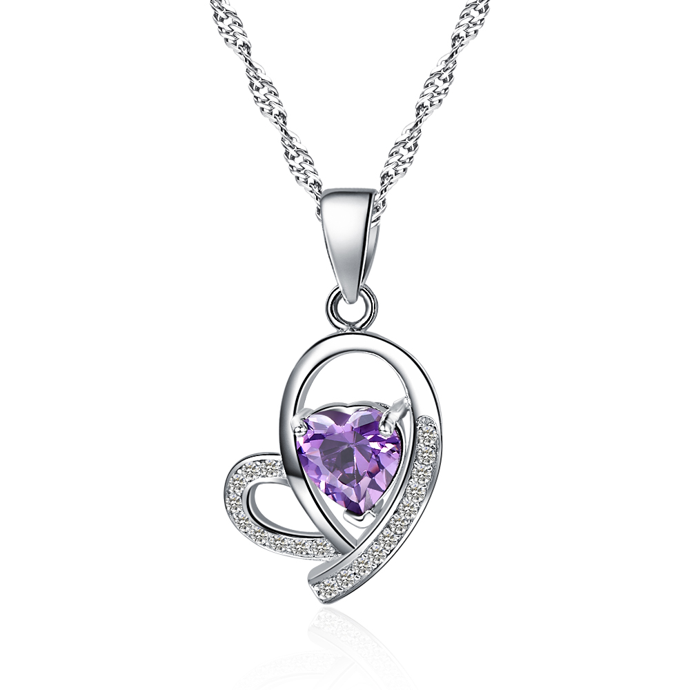 925银项链心形镶钻吊坠女款锁骨韩版时尚银饰品首饰刻字包邮礼物