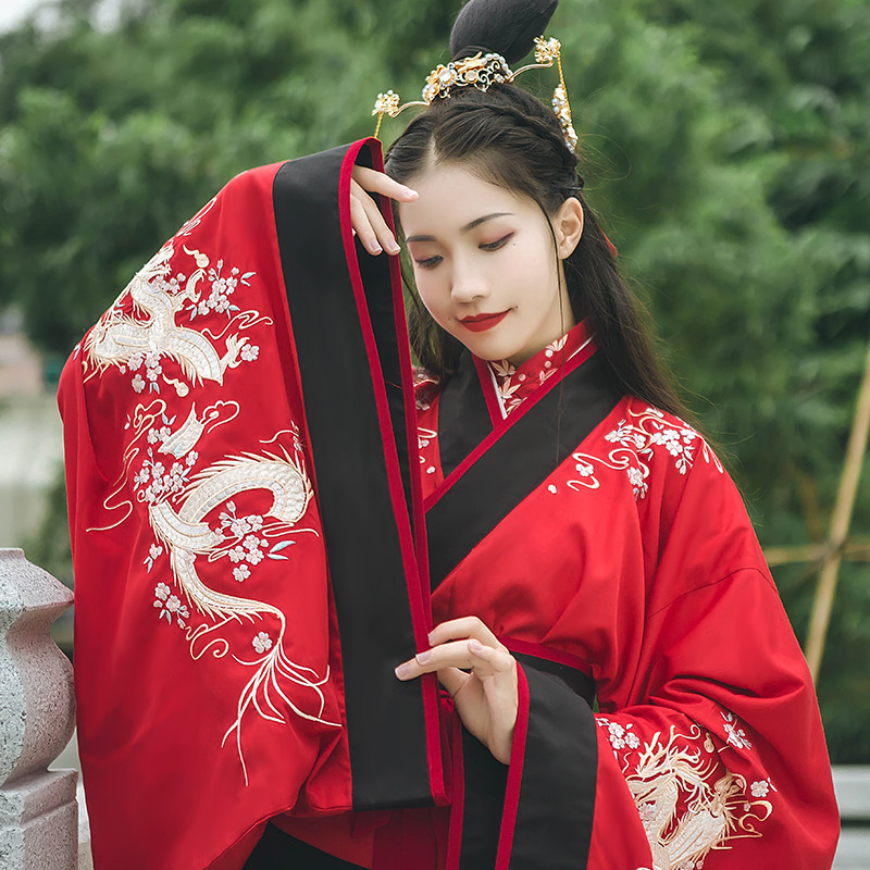 汉尚华莲传统汉服女装日常红色重工龙纹刺绣单层双绕曲裾秋冬款