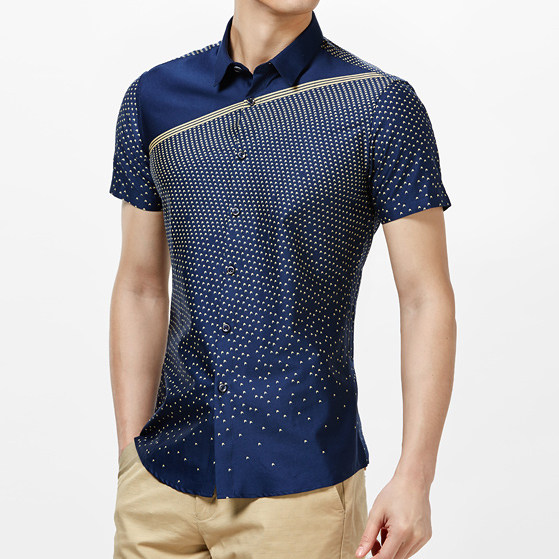 男装新品 丝光棉拼接短袖衬衫014a 上班都市休闲衬衫,雷克撒菲品牌