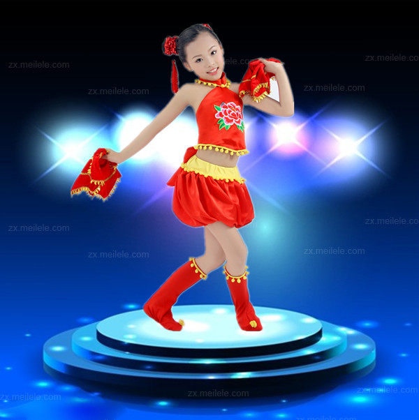新款六一喜庆儿童肚兜演出服女童民族舞手绢舞表演服装红灯笼裤裙