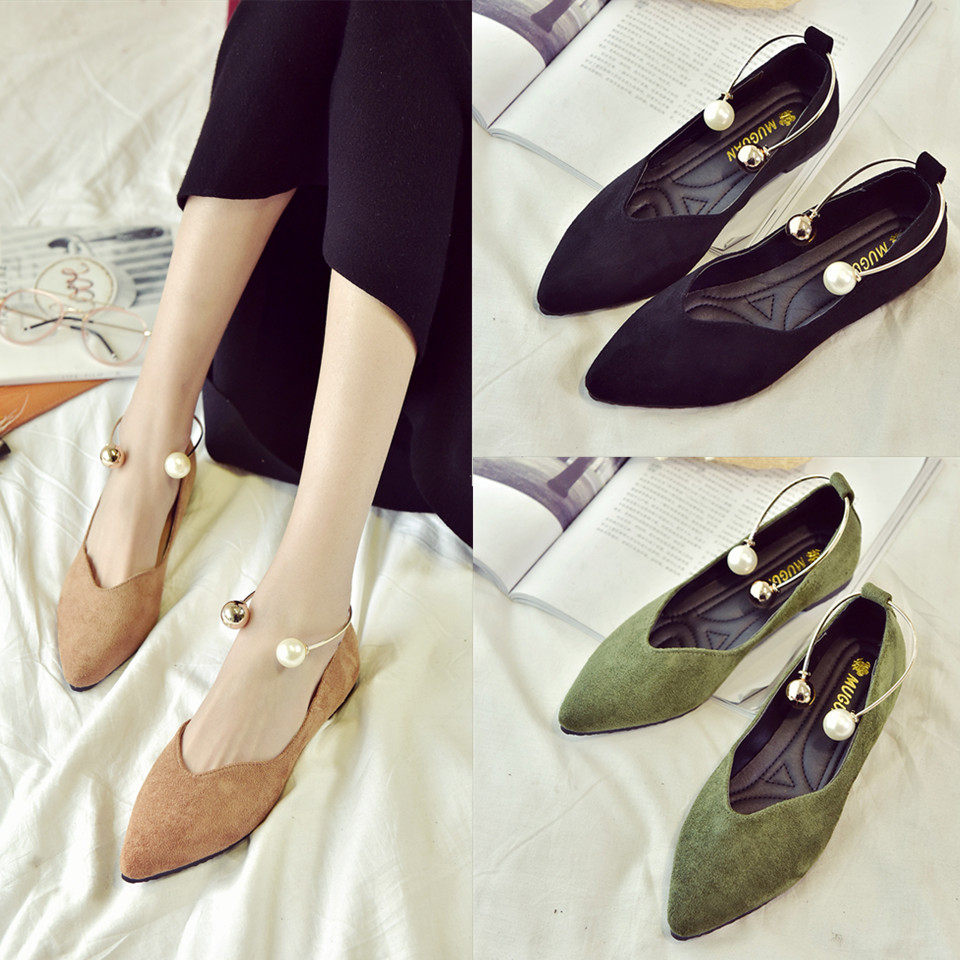 春夏季新款浅口平底单鞋女珍珠一脚蹬女鞋方头套脚船鞋孕妇鞋女鞋